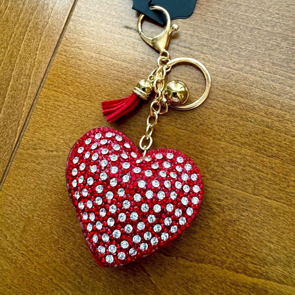 Sparkly Red Heart Keychain with Rhinestone Accents